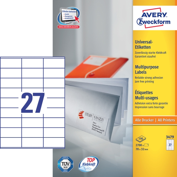 Avery Zweckform Universaletiketten, 70 x 32 mm, 27 Etiketten per Blatt