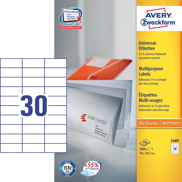 Avery Zweckform 3489 Universaletiketten, 70 x 29,7 mm, weiss, 3000 Stück