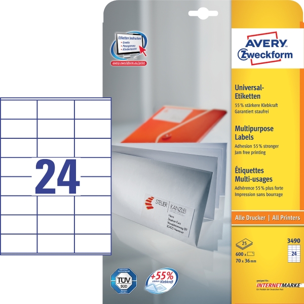 Zweckform 3490 Universal Etiketten 70 x 36 mm, 24 Etiketten/Blatt (25 Blatt)