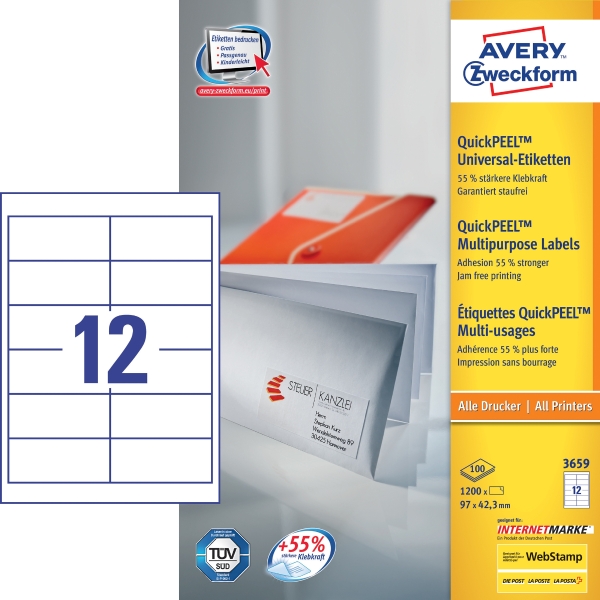 Univerzálne etikety Avery, 3559, 97 x 42,3 mm, 12 etikiet/hárok