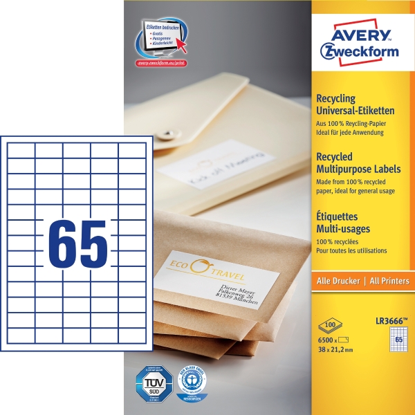 Recyklované univerzálne etikety Avery, LR3666, 38 x 21,2 mm, 65 eitikiet/hárok