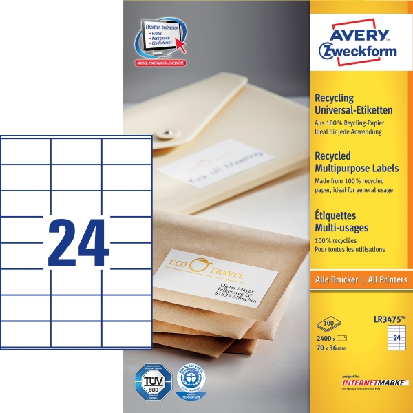 Recyklované univerzálne etikety Avery, LR3475,  70 x 36 mm, 24 etikiet/hárok