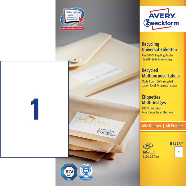 Recyklované univerzálne etikety Avery, LR3478, 210 x 297 mm, 1 etiketa/hárok