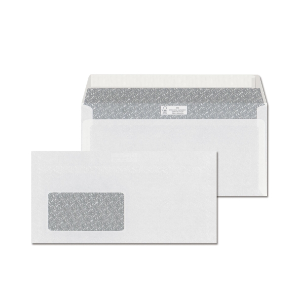 Obálky biele s krycou páskou DL (110 x 220 mm), okno vľavo, 1000 ks/balenie