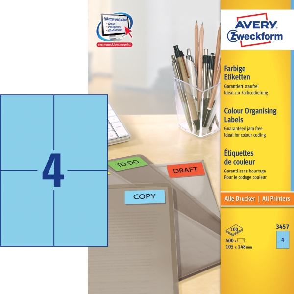 BX400 AVERY 3457 I+L+C LAB 105X148MM BLU