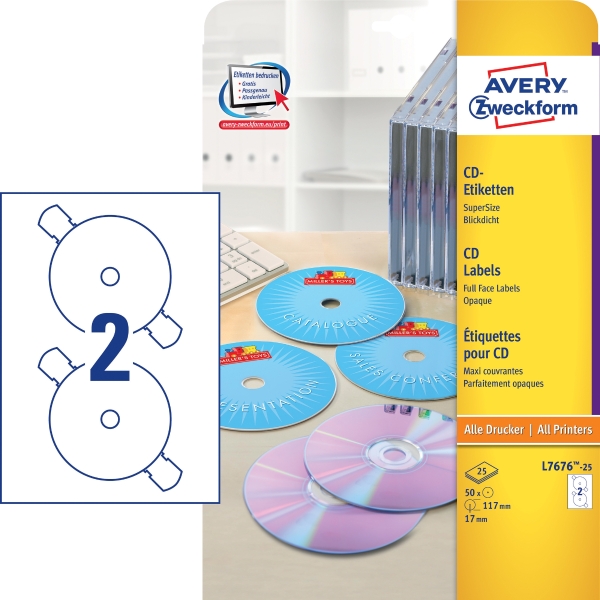 Avery Zweckform L7676-25 CD/DVD címkék, matt fehér, 25 ív, 50 etikett/csomag