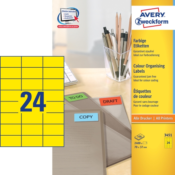 Avery 3451 sárga univerzális etikettek 70 x 37 mm, 24 etikett/ív, 100 ív/csomag