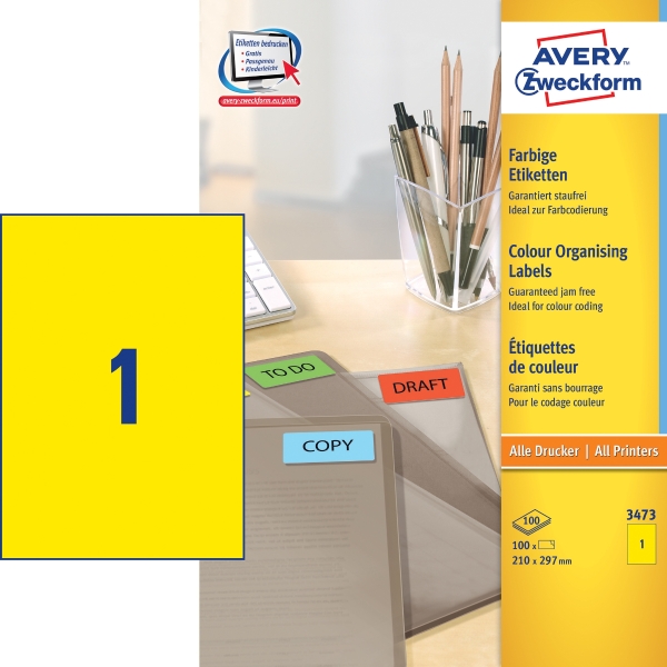 Avery 3473 sárga univerzális etikettek 210 x 297 mm, 1 etikett/ív, 100 ív/csomag