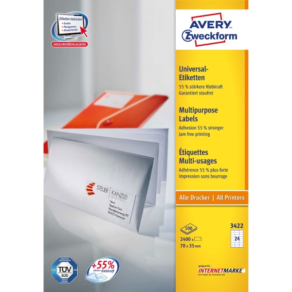 Etiketten Avery Zweckform 3422, 70x35 mm, weiss, Packung à 2400 Stück