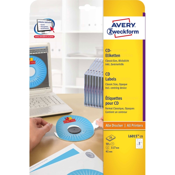 Etiketten Avery Zweckform L6015, CD/DVD, ClassicSize, weiss, Pk. à 50 Stk.