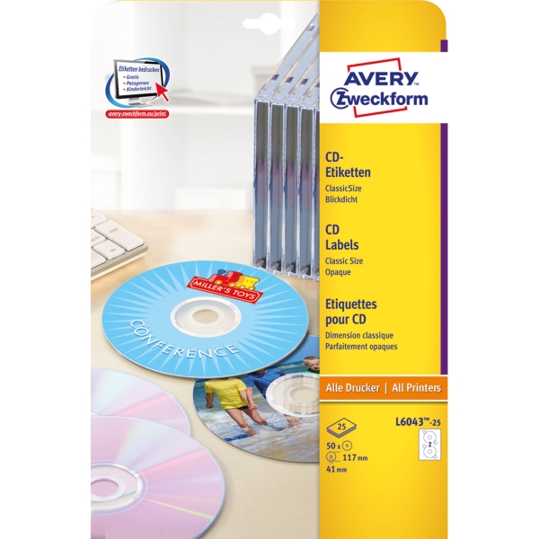 C50 ETICHETTE LASER CD/DVD AVERY L6043 BIANCHE OPACHE