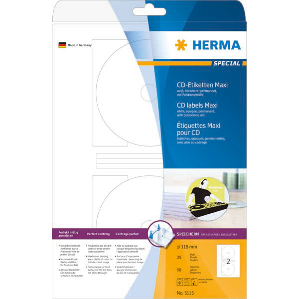 Etichette per CD Herma 5115 SuperPrint, Ø 116 mm, Maxi, bianco, conf da 50 etic.