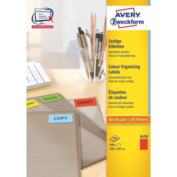 Etiketten Avery Zweckform 3470, 210x297 mm, rot, Packung à 100 Stück