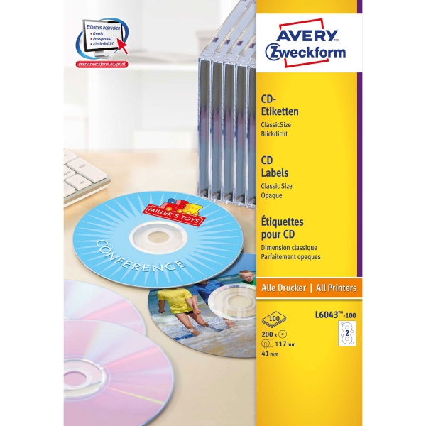 Etiketten Avery Zweckform L6043-100, CD/DVD, ClassicSize, weiss, Pk. à 100 Stk.