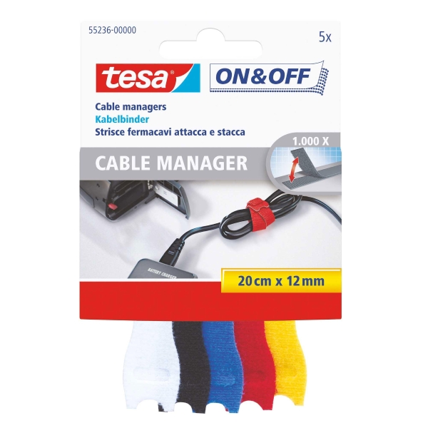 Tesa 55236 velcro strips for  cable management assorted colors- pack of 5