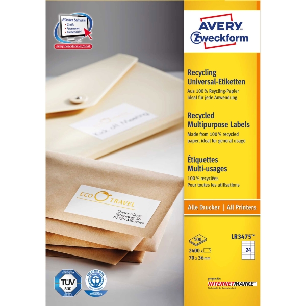 Avery LR3475 étiquettes polyvalentes recyclées 70x36mm - boite de 2400