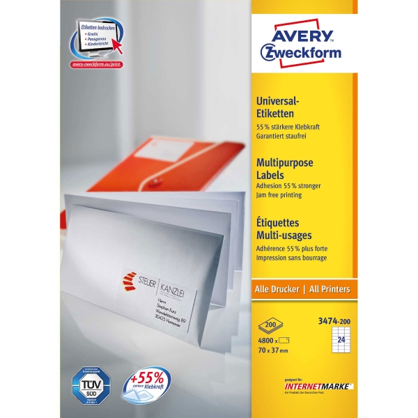 Avery 3474 étiquettes polyvalentes 70x37mm - boite de 4800