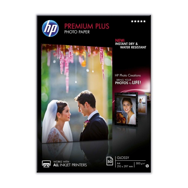 InkJet Fotopapier HP Premium Plus CR674A A4, 300 g/m2, glossy, FSC, Pk. à 50 Bl.