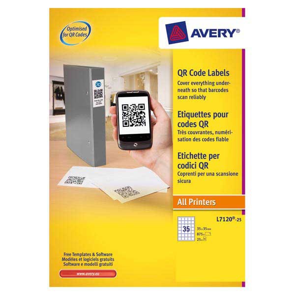 BOITE 875 ETIQUETTES IDENTIFICATION OPAQUES POUR CODE QR AVERY 35X35MM L7120-25