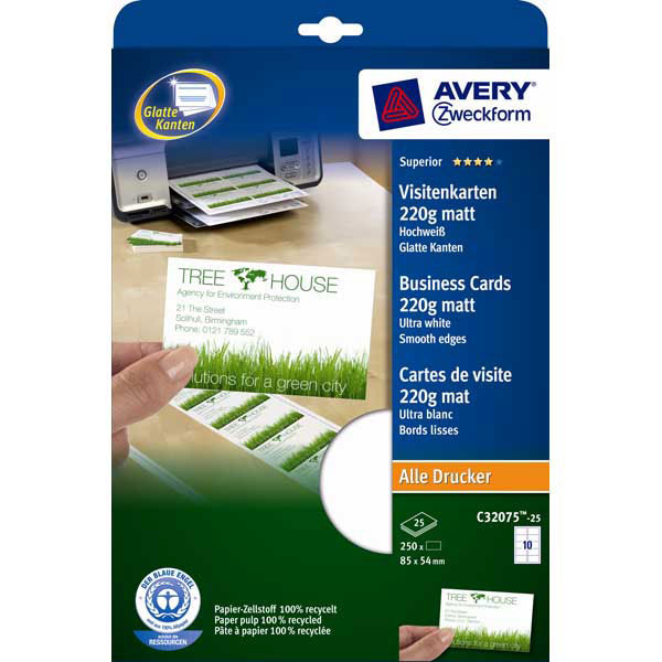 PAQ 250 CARTES VISITE AVERY RECYCLEES MAT RECTO/VERSO 85X54MM C32075 BLANC