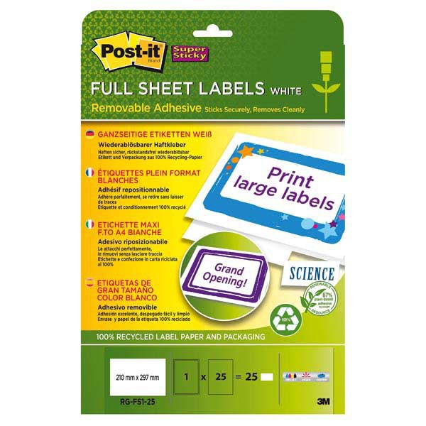 PAQUET 25 ETIQUETTES RECYCLEES MULTIUSAGES POST-IT 210X297MM REPOSITIONNABLES