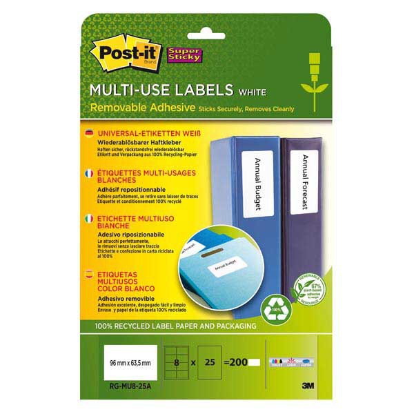 PAQUET 200 ETIQUETTES RECYCLEES MULTIUSAGES POST-IT 96X63.5MM REPOSITIONNABLES