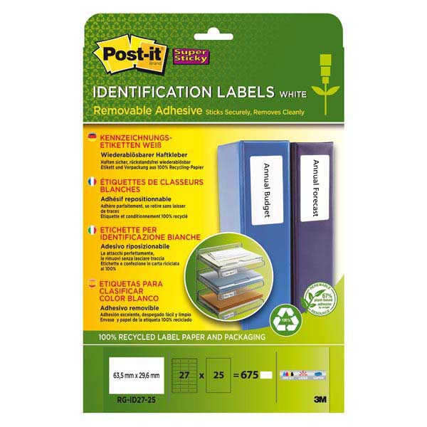 PAQ 675 ETIQUETTES RECYCLEES IDENTIFICATION POST-IT 63.5X29.6MM REPOSITIONNABLES