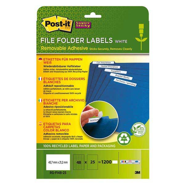 PAQ 1200 ETIQUETTES RECYCLEES DE CLASSEMENT POST-IT 45.7X21.2MM REPOSITIONNABLES