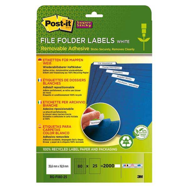 PAQ 2000 ETIQUETTES RECYCLEES DE CLASSEMENT POST-IT 35.6X16.9MM REPOSITIONNABLES