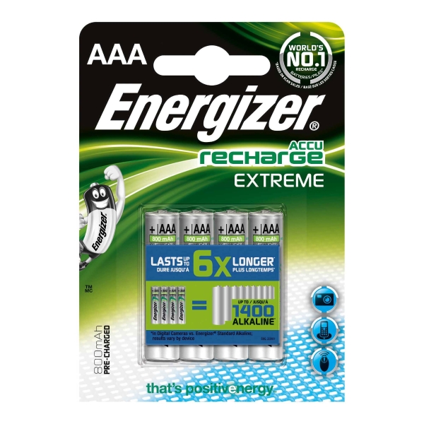 Batterien Energizer Rechargeable AAA, HR03/E92/AM4/Micro, 800 mAh, Pk. à 4 Stk.