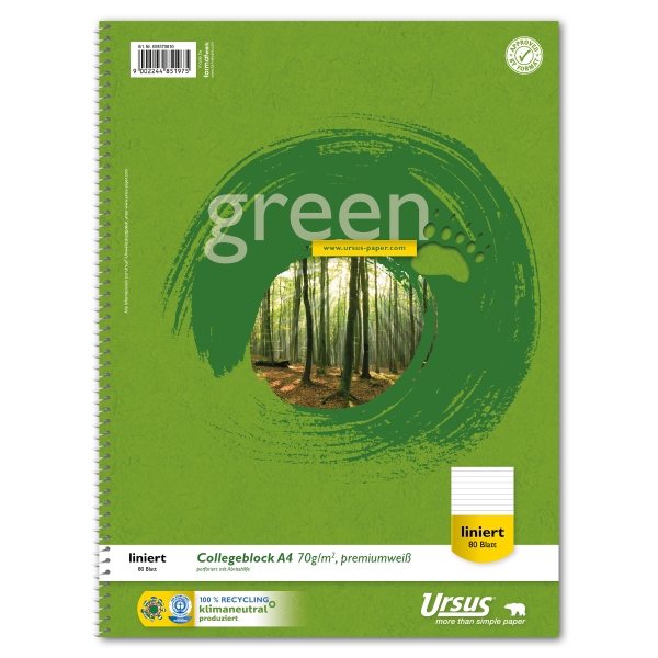 Collegeblock Ursus Green A4+, liniert, 80 Blatt