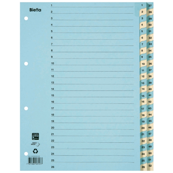 Register Biella 462445 A4, Karton 220 g/m2, 1-52, blau/gelb