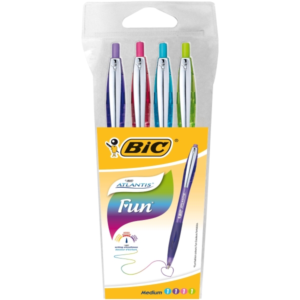 POCHETTE 4 STYLOS BILLE BIC ATLANTIS SOFT 1 MM COLORIS FUN