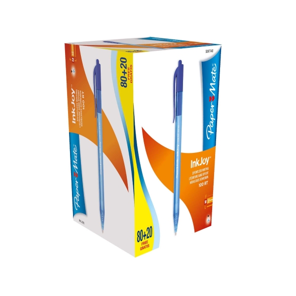 PACK AVANTAGE  80 + 20 STYLOS BILLE OFFERTS RETRACTABLE INKJOY 100 RT 1 MM BLEU