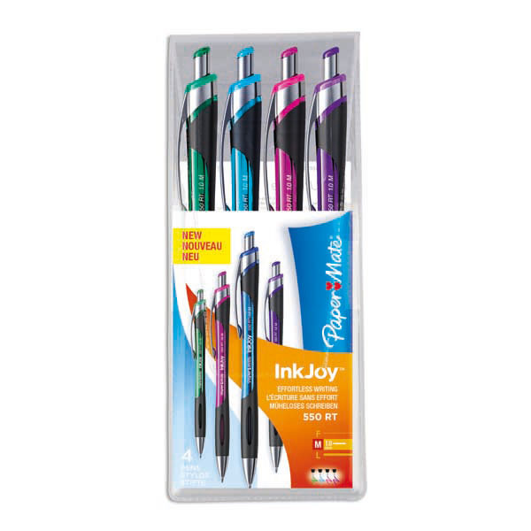 POCHETTE 4 STYLOS BILLE RETRACTABLE PAPERMATE INKJOY 550 RT 0,7 MM COLORIS FUN