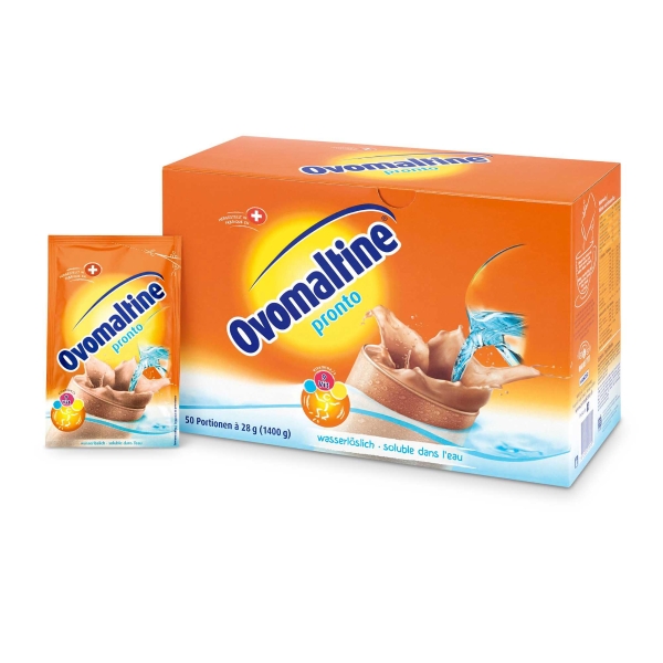 Ovomaltine Pronto, à dissoudre dans l’eau 28 g. Emballage de 50 sachets