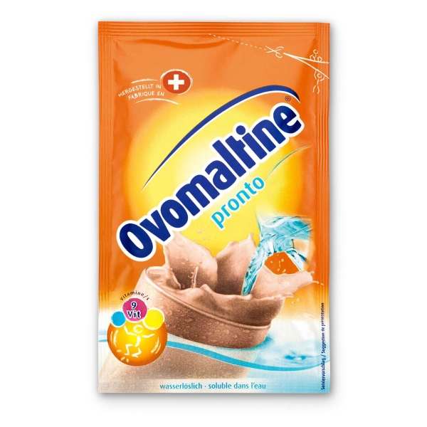 Ovomaltine Pronto, à dissoudre dans l’eau 28 g. Emballage de 50 sachets