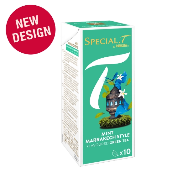 SPECIALT MINT MARRAKECH STYLE, THÉ VERT PARFUMÉ, EMBALLAGE DE 10 CAPSULES.