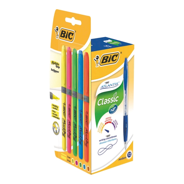 BOITE DE 12 STYLOS BIC ATLANTIS BLEU ET DE 5 SURLIGNEURS GRIP COLORIS FUN