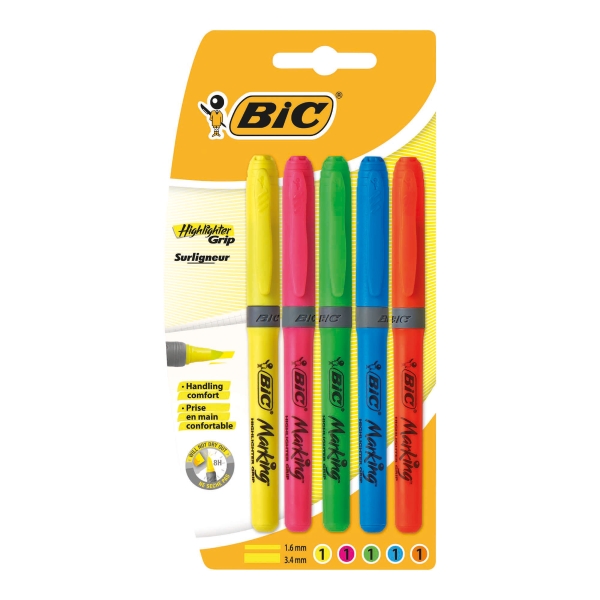 BOITE DE 12 STYLOS BIC ATLANTIS BLEU ET DE 5 SURLIGNEURS GRIP COLORIS FUN