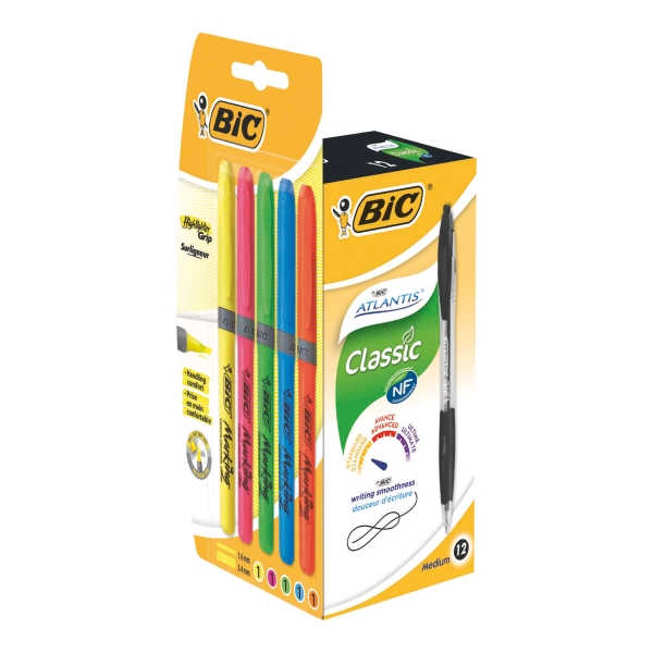 BOITE DE 12 STYLOS BIC ATLANTIS NOIR + PAQUET DE 5 SURLIGNEURS GRIP COLORIS FUN