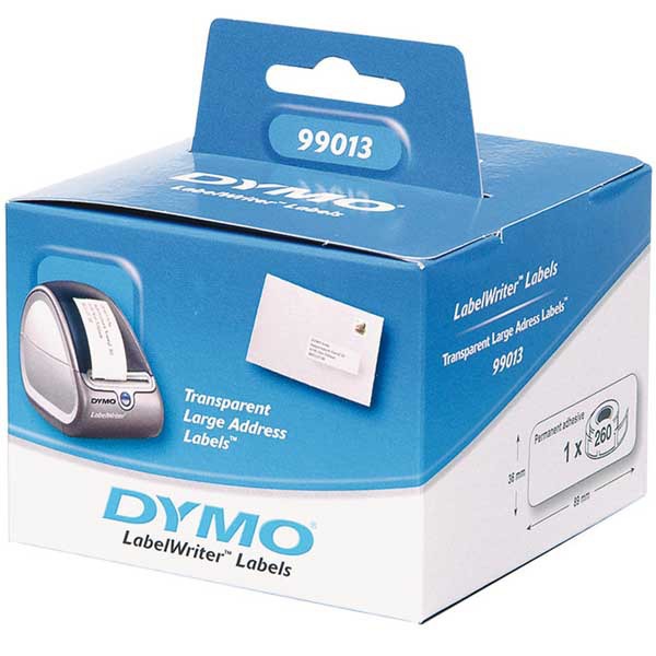 Dymo 99013 address labels 89x36mm clear-box of 260