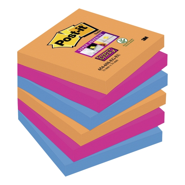 POST IT SUPER STICKY BRIGHT NOTES ELECTRIC GLOW 76X76MM PACK OF 6