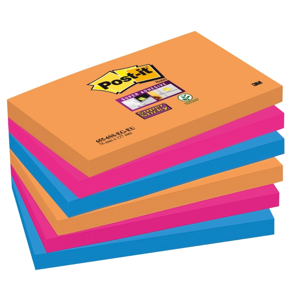 POST IT SUPER STICKY BRIGHT NOTES ELECTRIC GLOW 76X127MM PACK OF 6