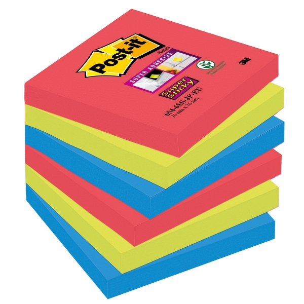 POST IT SUPER STICKY BRIGHT NOTES JEWEL POP 76X76MM PACK OF 6