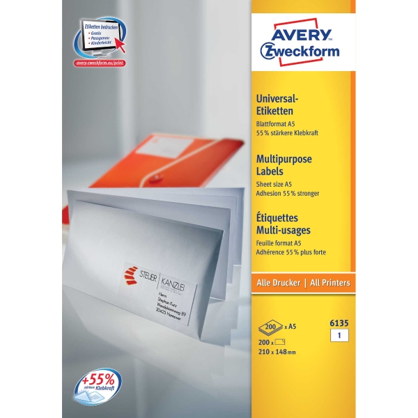 BX100 AVERY 6135 LABEL A5 148X210 WH