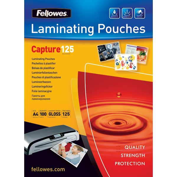 FELLOWES LAMINATING POUCHES A4 GLOSS 250 MICRONS (2 X 125) - PACK OF 100