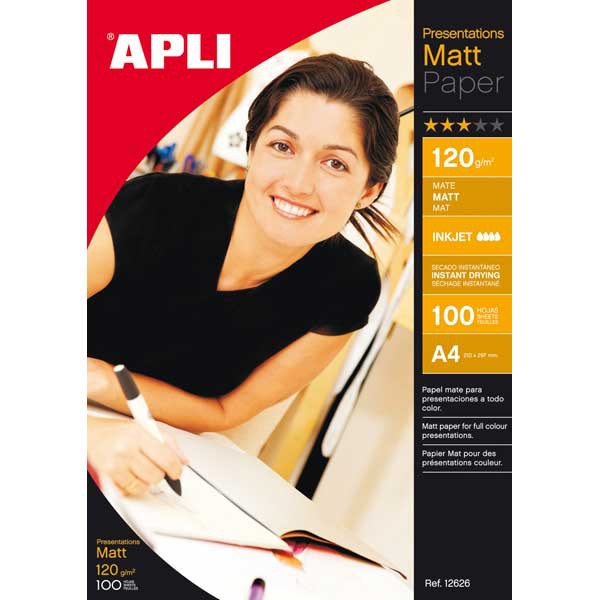 Pacote de 100 folhas de papel inkjet mate APLI A4 120g/m2 branco